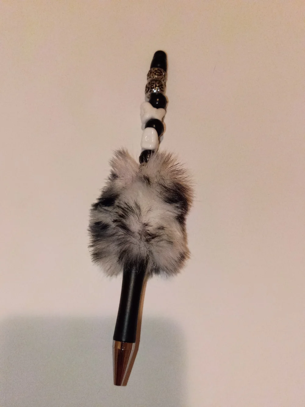 Faux Fur Pom-Pom Ballpoint Pen - Black & White